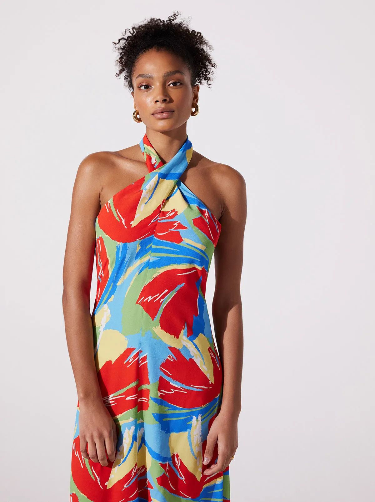 Neve Abstract Print Cross Front Halter Dress