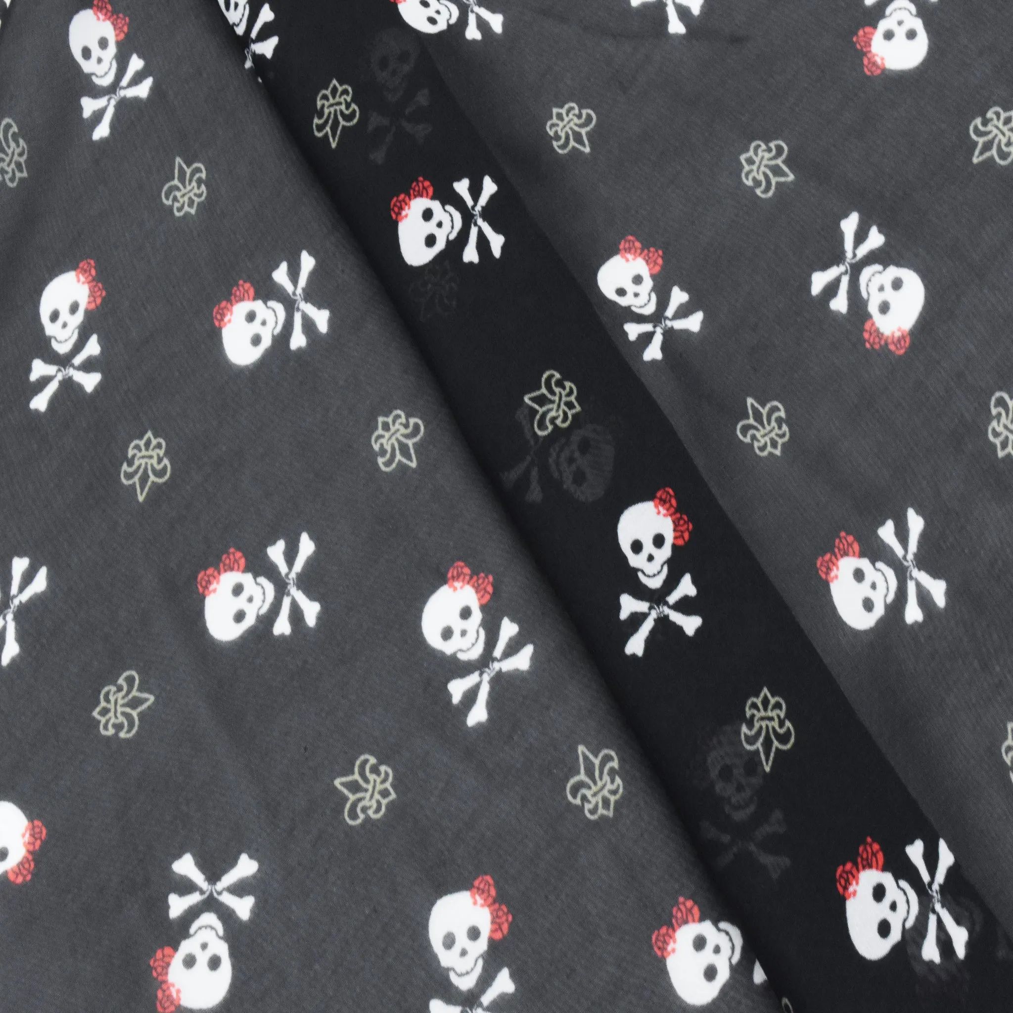Night Black-White-Multi Skull Printed Polyester Chiffon Woven Fabric