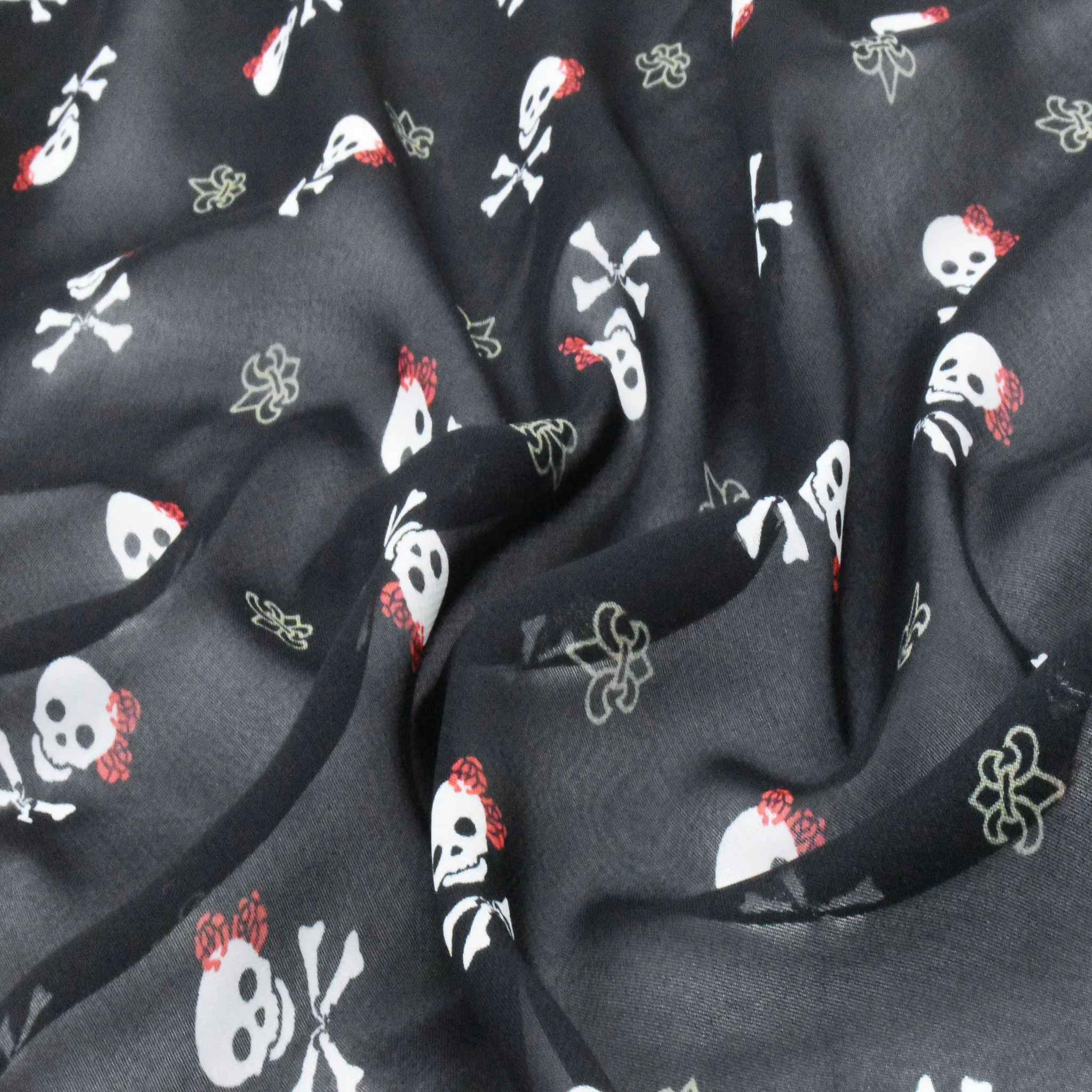 Night Black-White-Multi Skull Printed Polyester Chiffon Woven Fabric