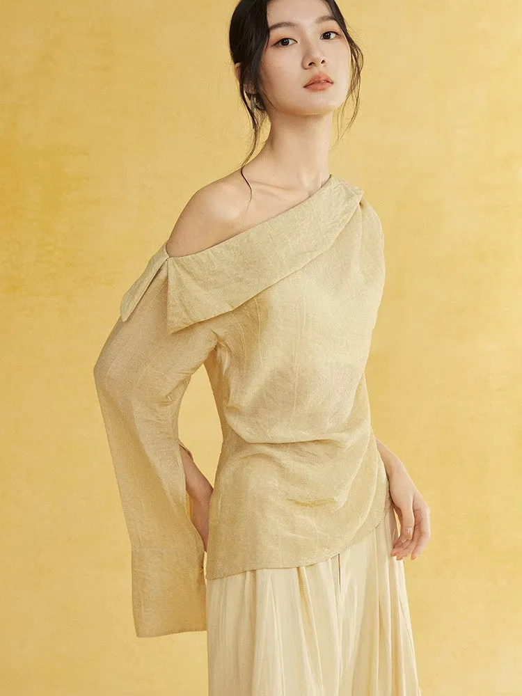 One-Shoulder Natural Slit-Sleeve Cover Chic Blouse