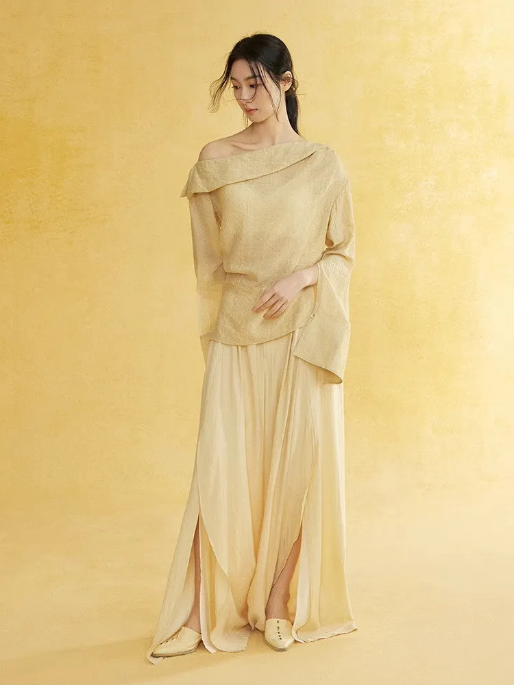 One-Shoulder Natural Slit-Sleeve Cover Chic Blouse