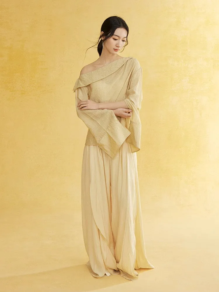 One-Shoulder Natural Slit-Sleeve Cover Chic Blouse