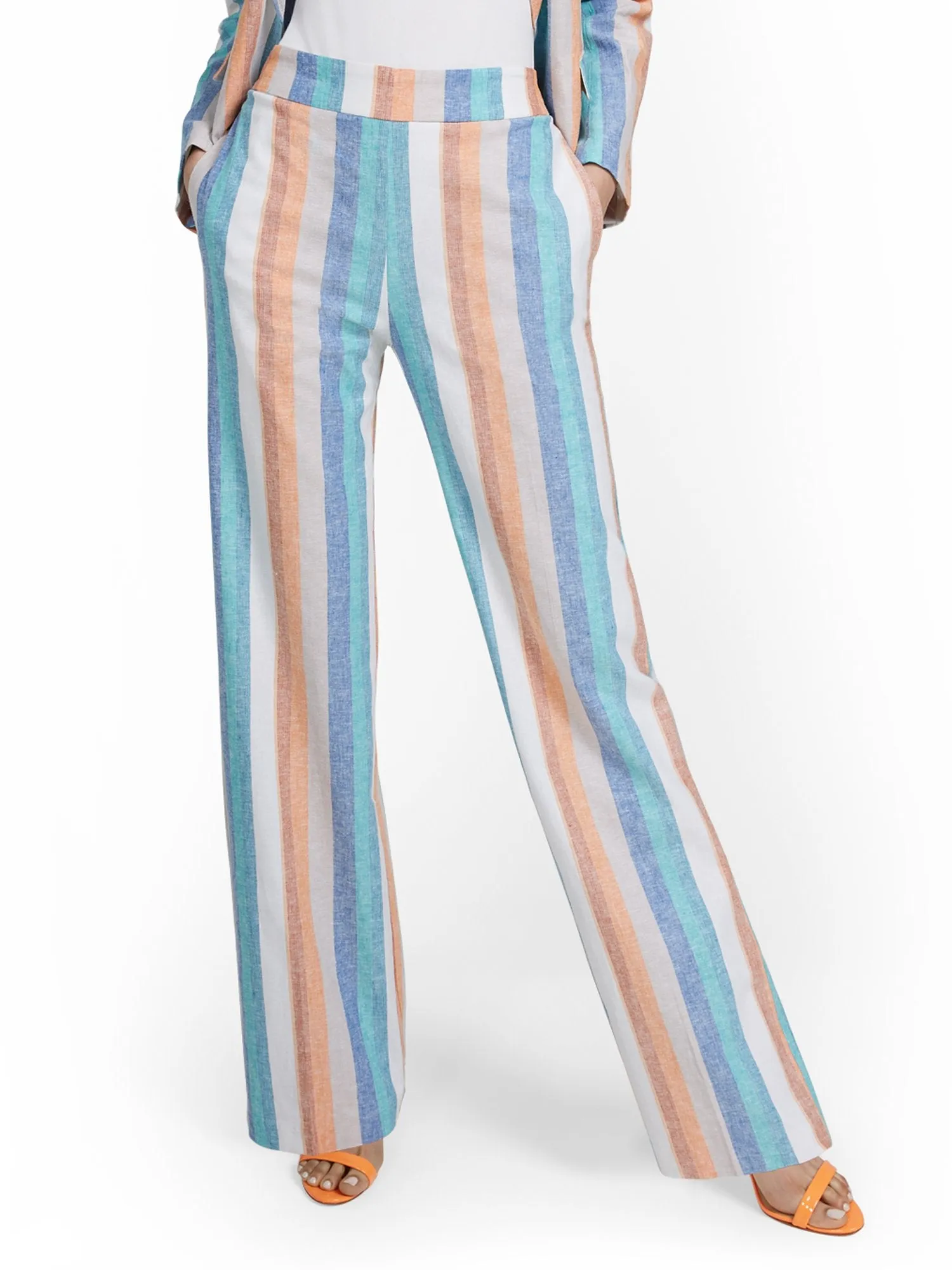 Petite Linen-Blend High-Waisted Multistripe Wide-Leg Pant