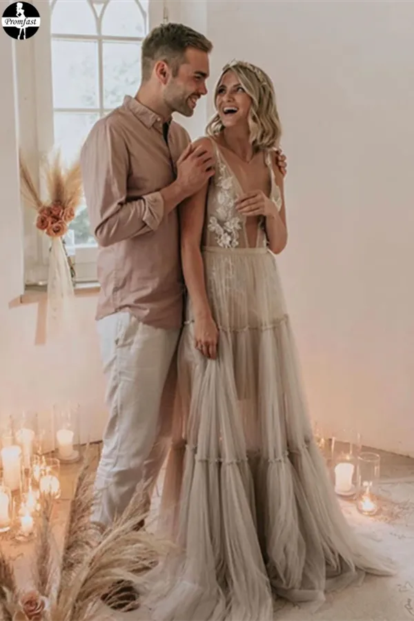 Promfast Attractive V neck Appliques A Line Rustic Backless Wedding Dress PFW0532