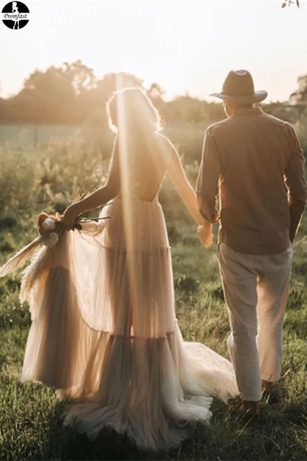 Promfast Attractive V neck Appliques A Line Rustic Backless Wedding Dress PFW0532