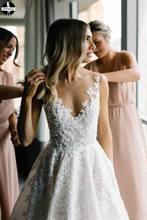 Promfast Vintage Lace Wedding Gowns See Through Illusion Neck Wedding Dresses PFW0536