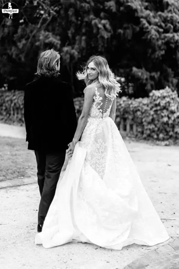 Promfast Vintage Lace Wedding Gowns See Through Illusion Neck Wedding Dresses PFW0536