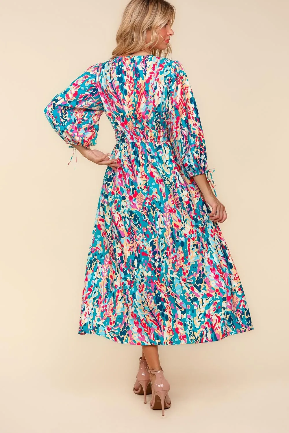 Resort Floral Sleeved Midi Dress - Turquoise