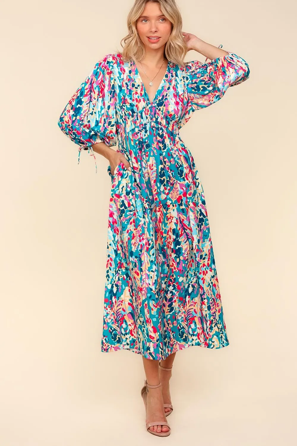 Resort Floral Sleeved Midi Dress - Turquoise