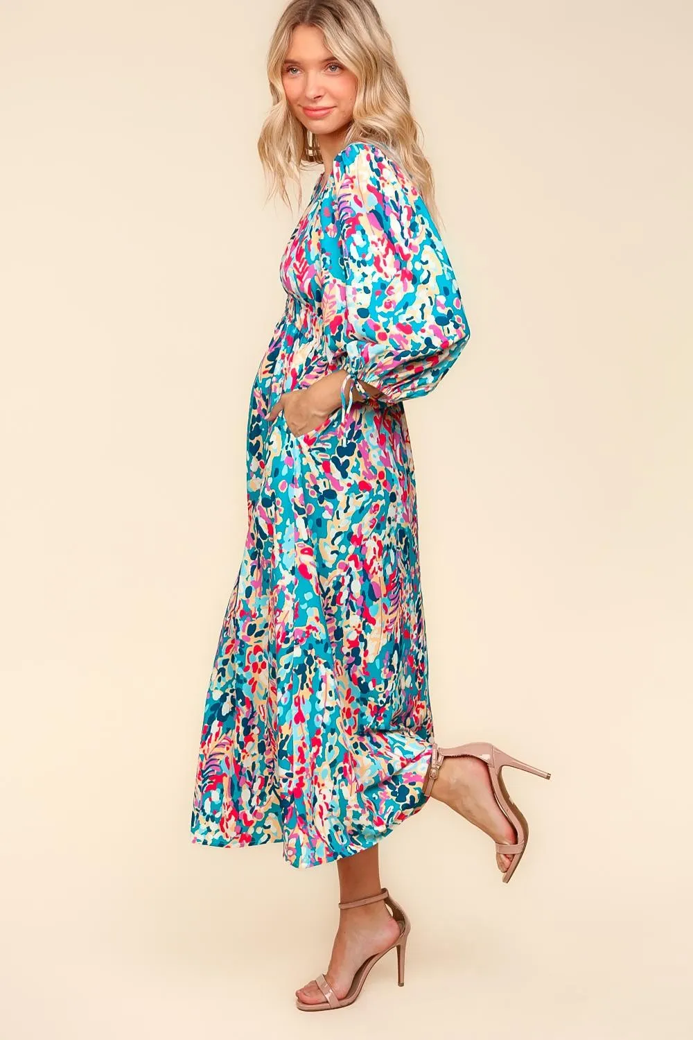 Resort Floral Sleeved Midi Dress - Turquoise