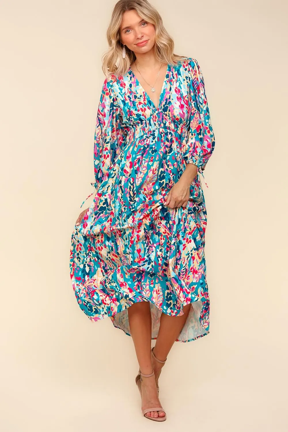 Resort Floral Sleeved Midi Dress - Turquoise