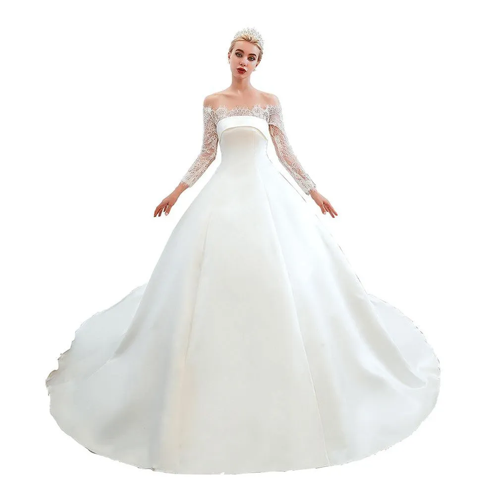 Romantic Lace Princess Satin Wedding Dress| Aline Bridal Gown with Cathedral Train