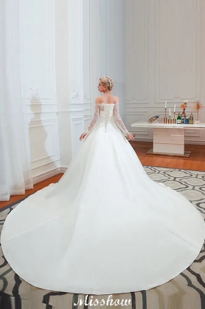 Romantic Lace Princess Satin Wedding Dress| Aline Bridal Gown with Cathedral Train