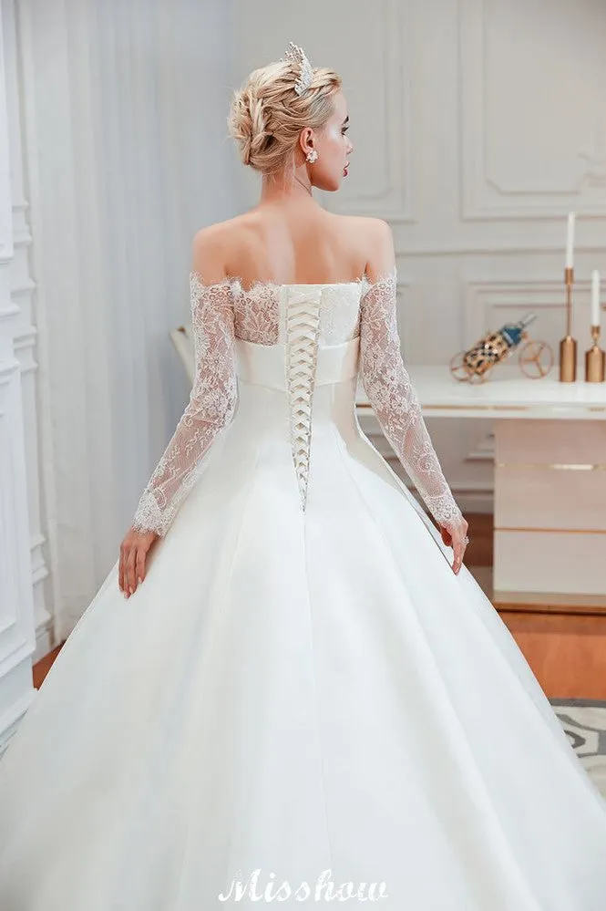 Romantic Lace Princess Satin Wedding Dress| Aline Bridal Gown with Cathedral Train