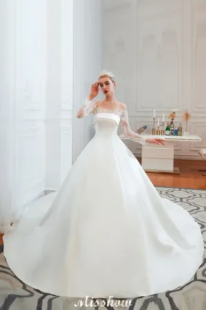 Romantic Lace Princess Satin Wedding Dress| Aline Bridal Gown with Cathedral Train