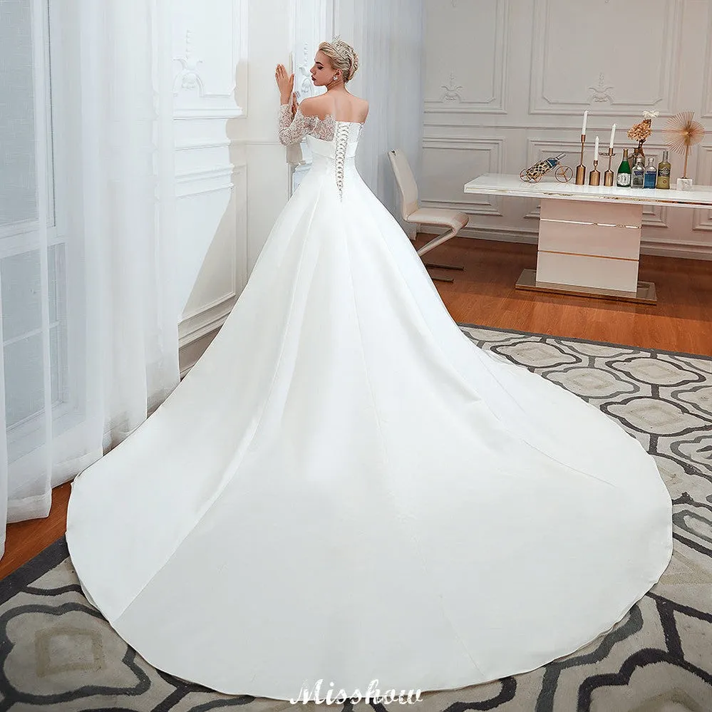 Romantic Lace Princess Satin Wedding Dress| Aline Bridal Gown with Cathedral Train