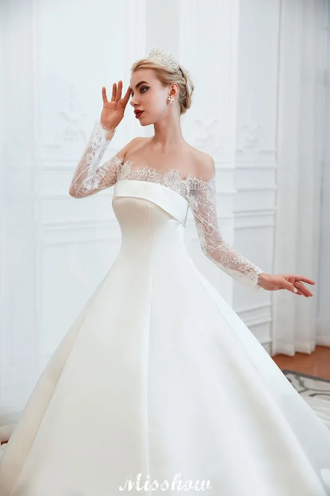 Romantic Lace Princess Satin Wedding Dress| Aline Bridal Gown with Cathedral Train