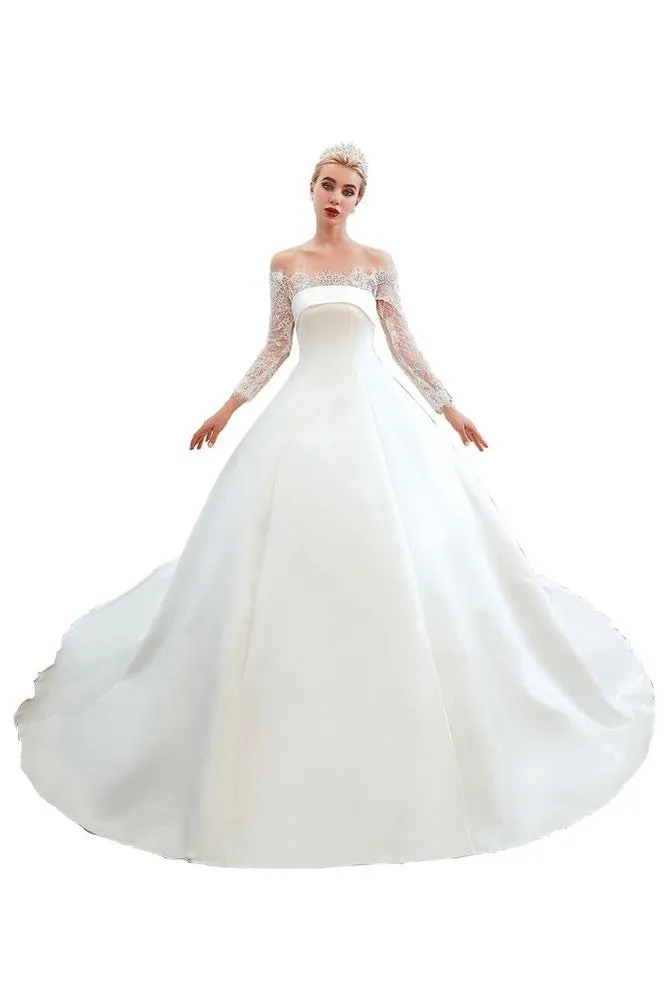Romantic Lace Princess Satin Wedding Dress| Aline Bridal Gown with Cathedral Train