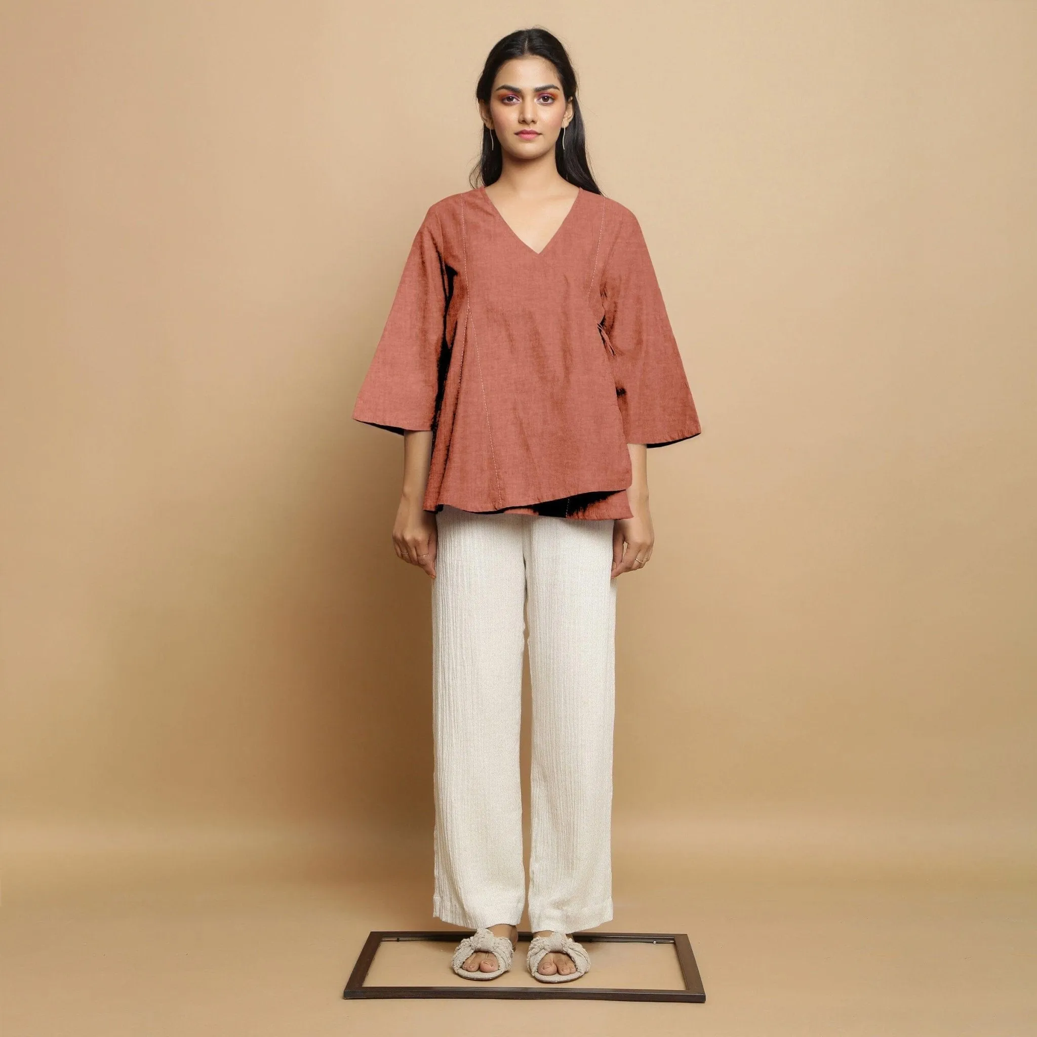 Rust Cotton Linen Asymmetrical V-Neck Godet Top