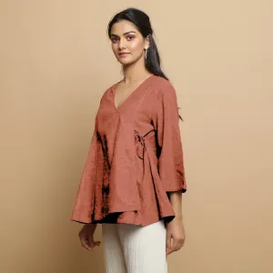 Rust Cotton Linen Asymmetrical V-Neck Godet Top
