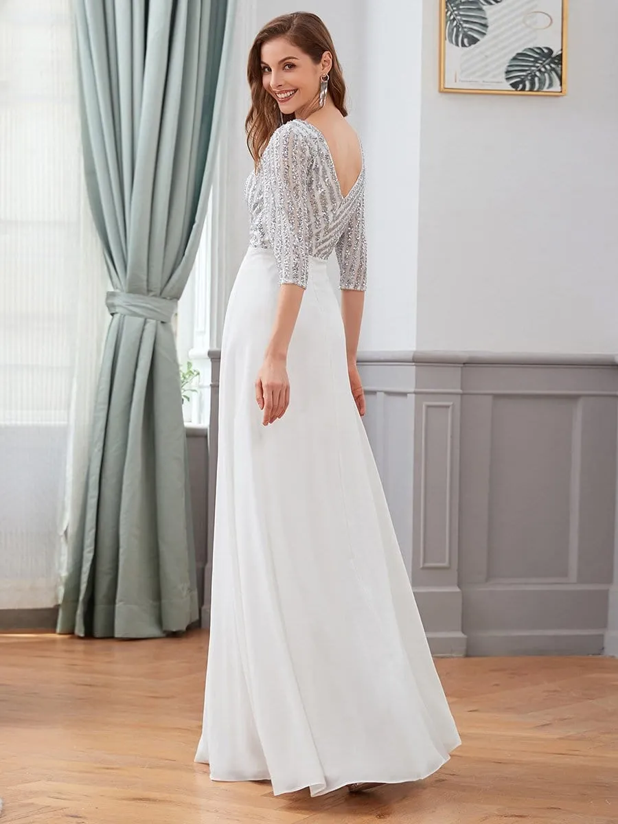 Sexy V Neck A-Line Sequin Evening Dresses with 3/4 Sleeve