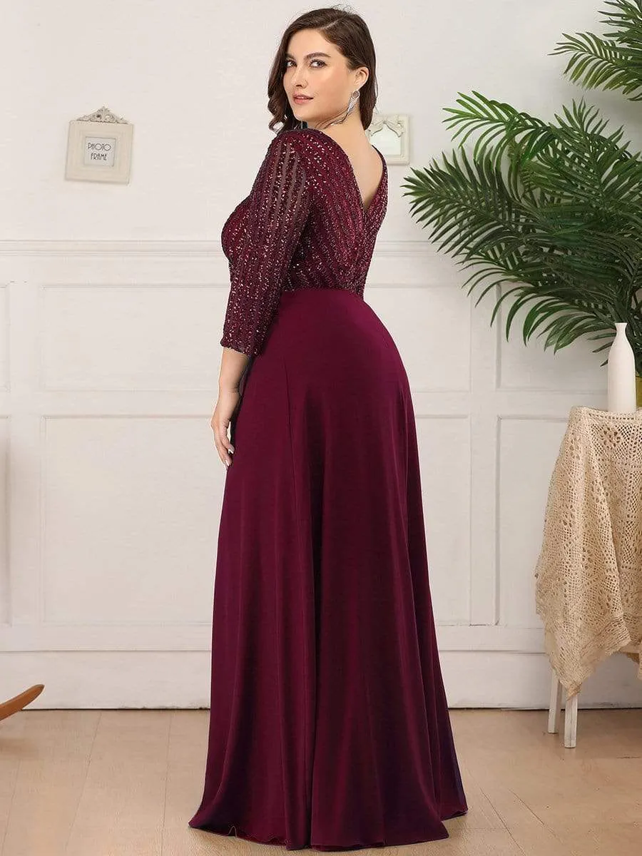Sexy V Neck A-Line Sequin Evening Dresses with 3/4 Sleeve