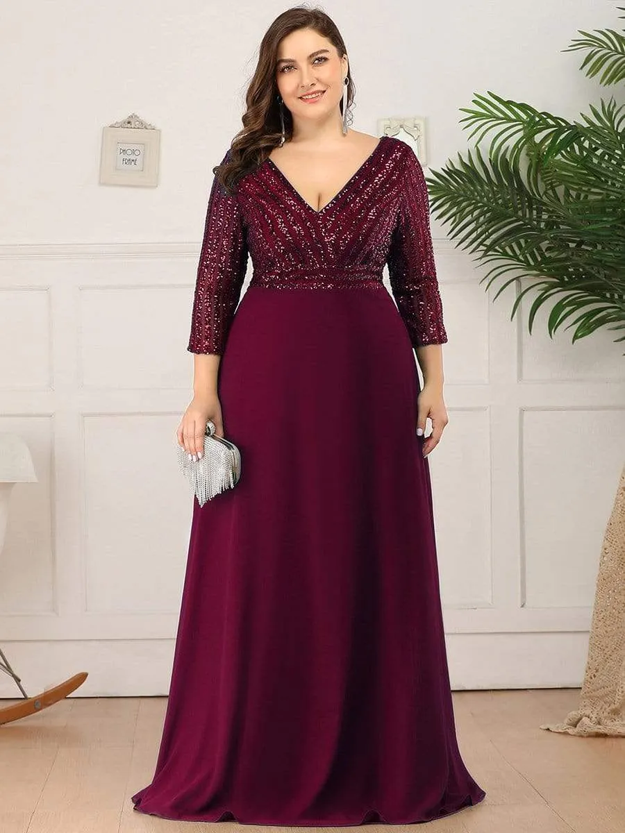 Sexy V Neck A-Line Sequin Evening Dresses with 3/4 Sleeve