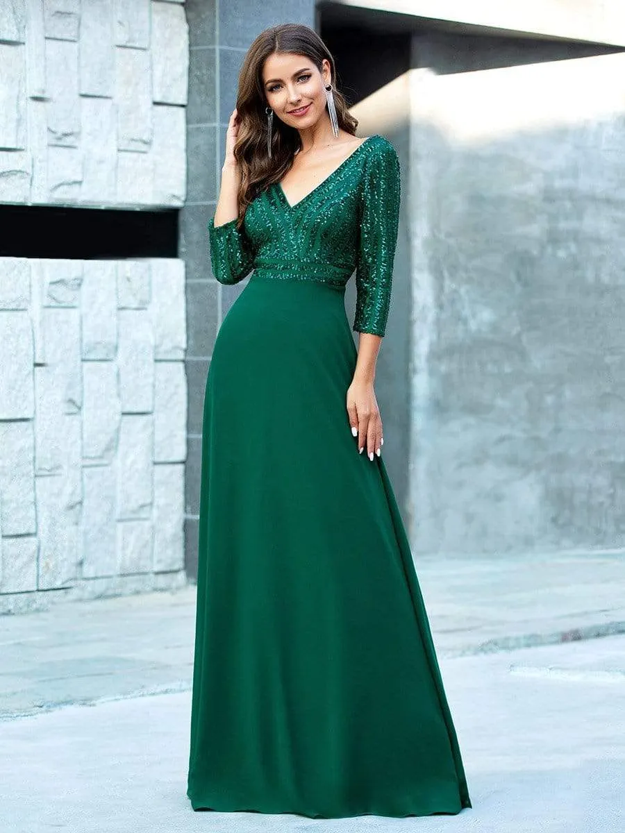 Sexy V Neck A-Line Sequin Evening Dresses with 3/4 Sleeve