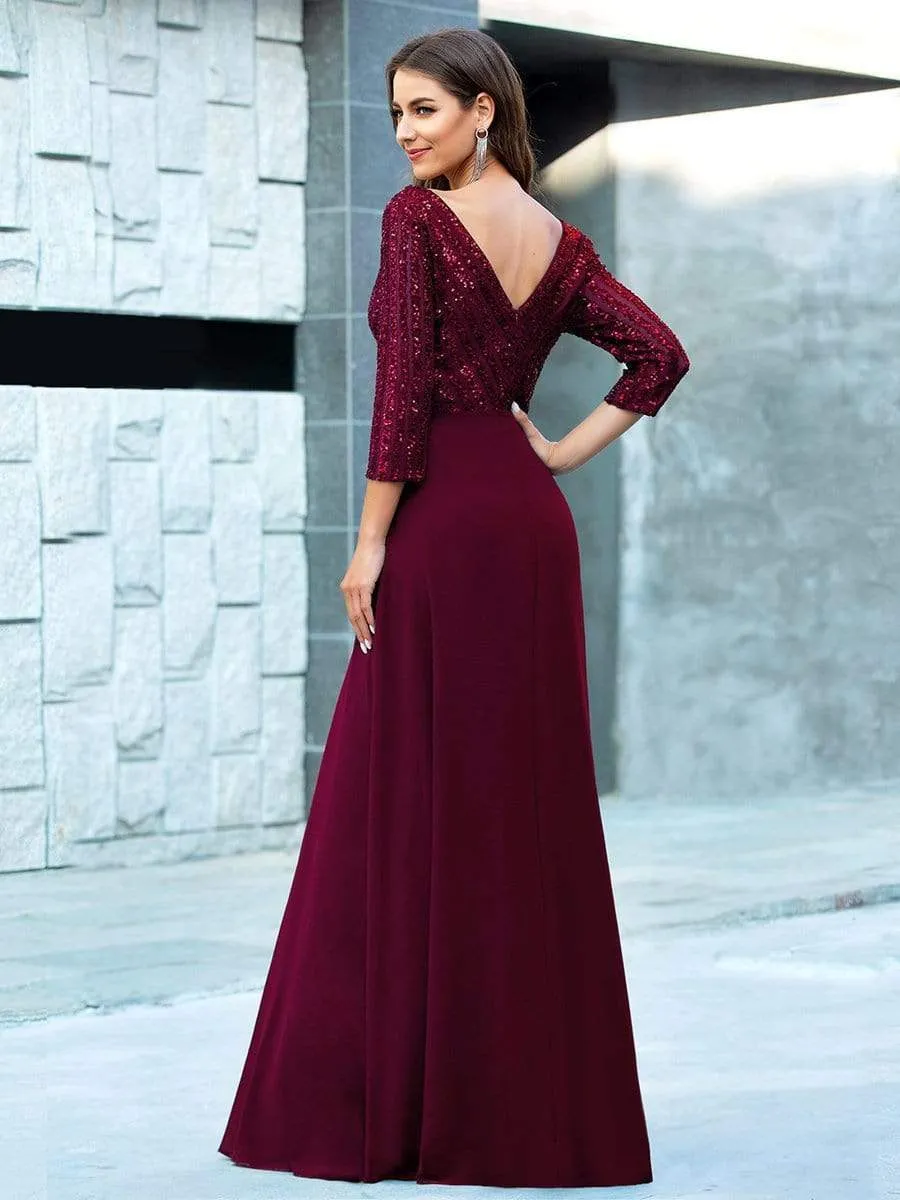 Sexy V Neck A-Line Sequin Evening Dresses with 3/4 Sleeve
