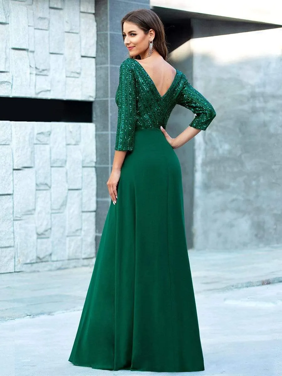 Sexy V Neck A-Line Sequin Evening Dresses with 3/4 Sleeve