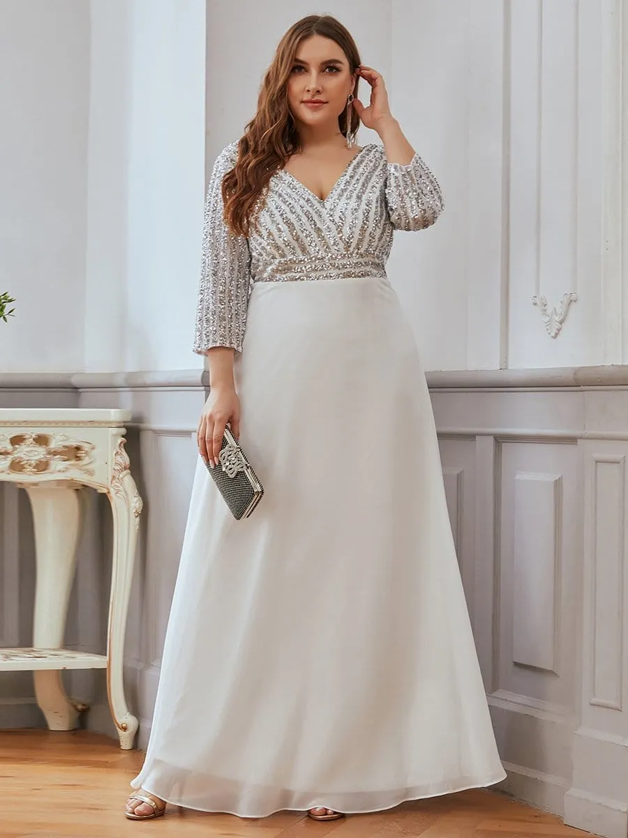 Sexy V Neck A-Line Sequin Evening Dresses with 3/4 Sleeve