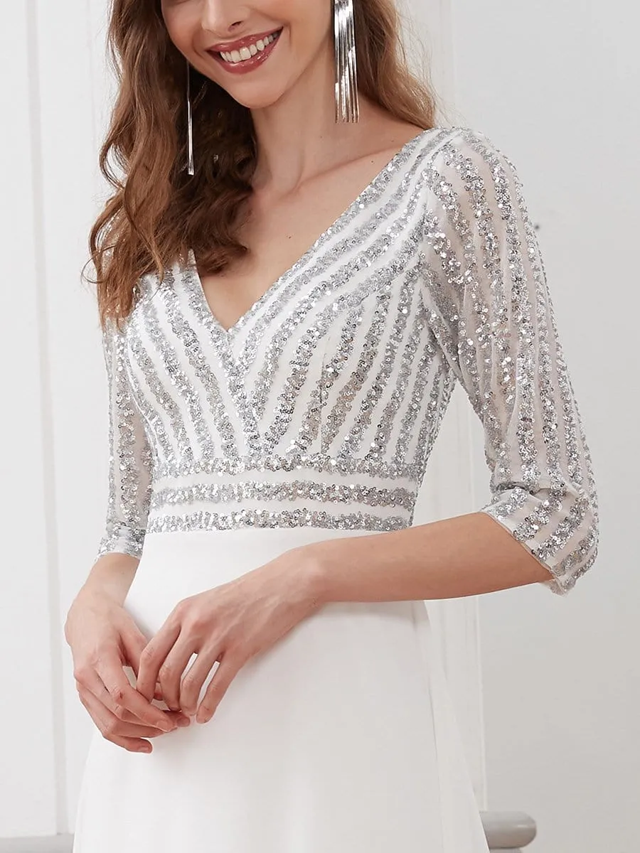 Sexy V Neck A-Line Sequin Evening Dresses with 3/4 Sleeve