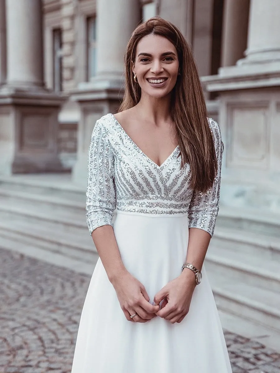 Sexy V Neck A-Line Sequin Evening Dresses with 3/4 Sleeve