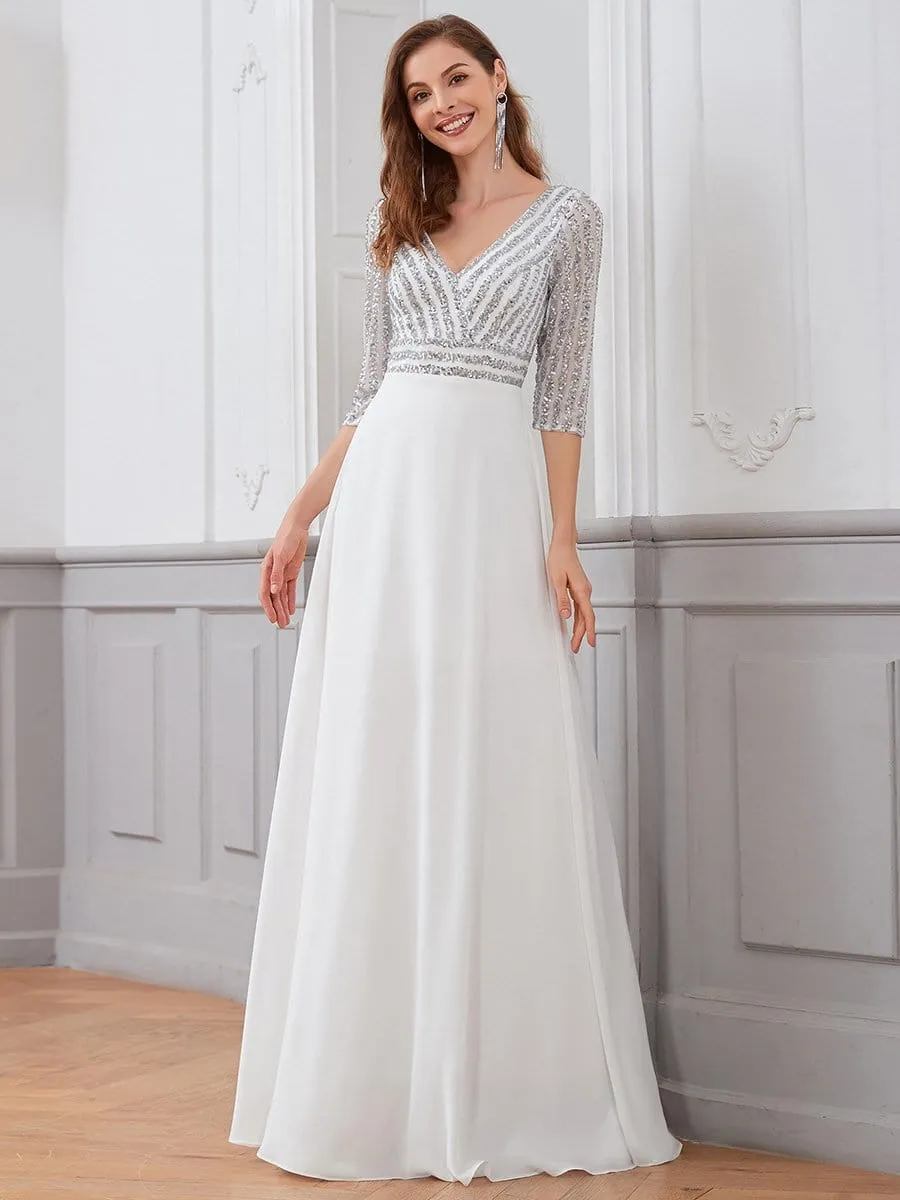 Sexy V Neck A-Line Sequin Evening Dresses with 3/4 Sleeve