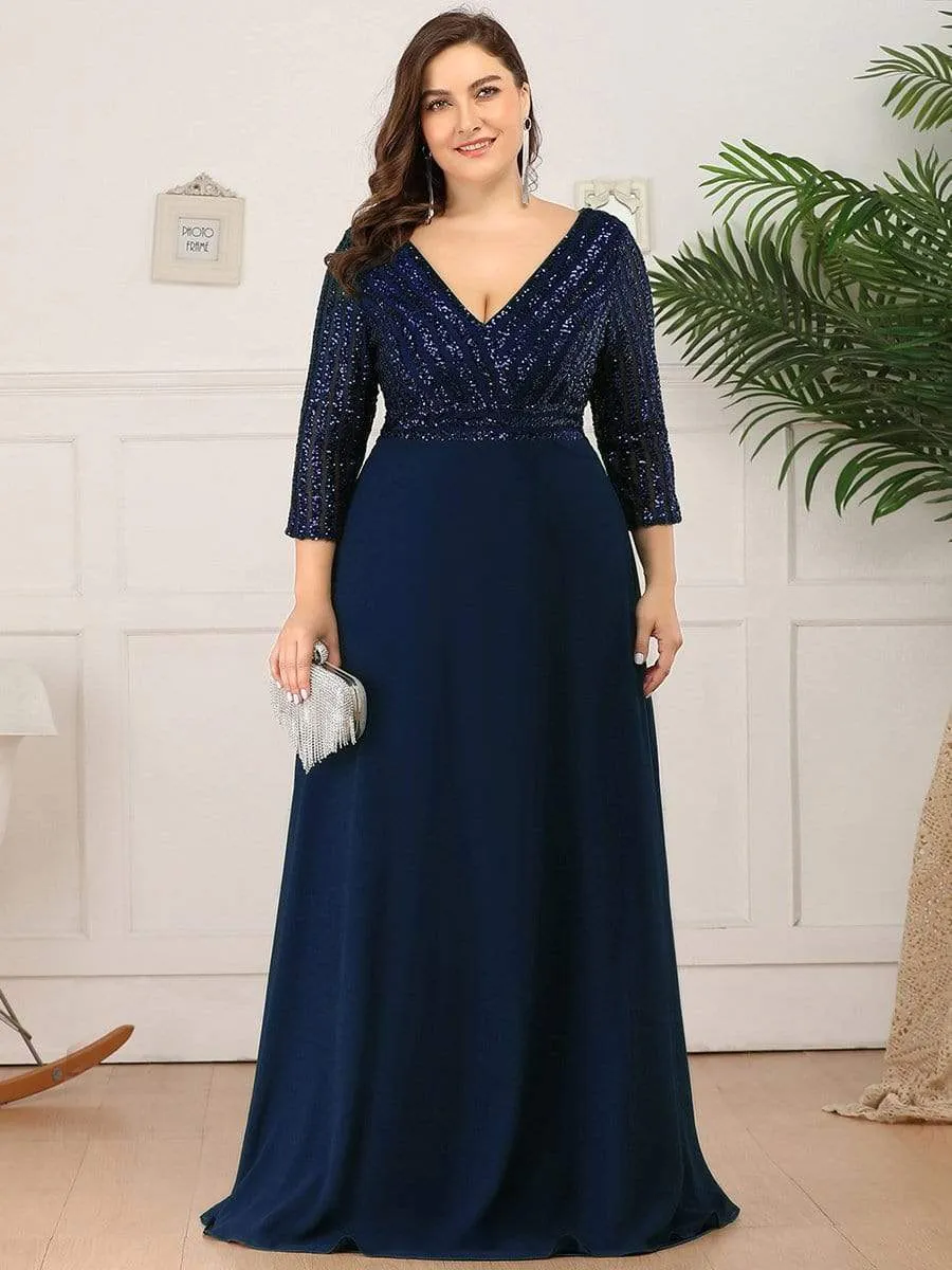 Sexy V Neck A-Line Sequin Evening Dresses with 3/4 Sleeve