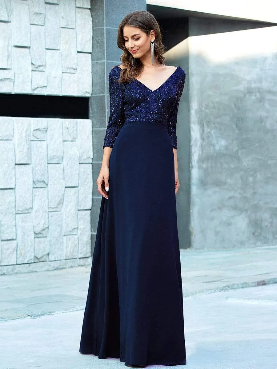 Sexy V Neck A-Line Sequin Evening Dresses with 3/4 Sleeve