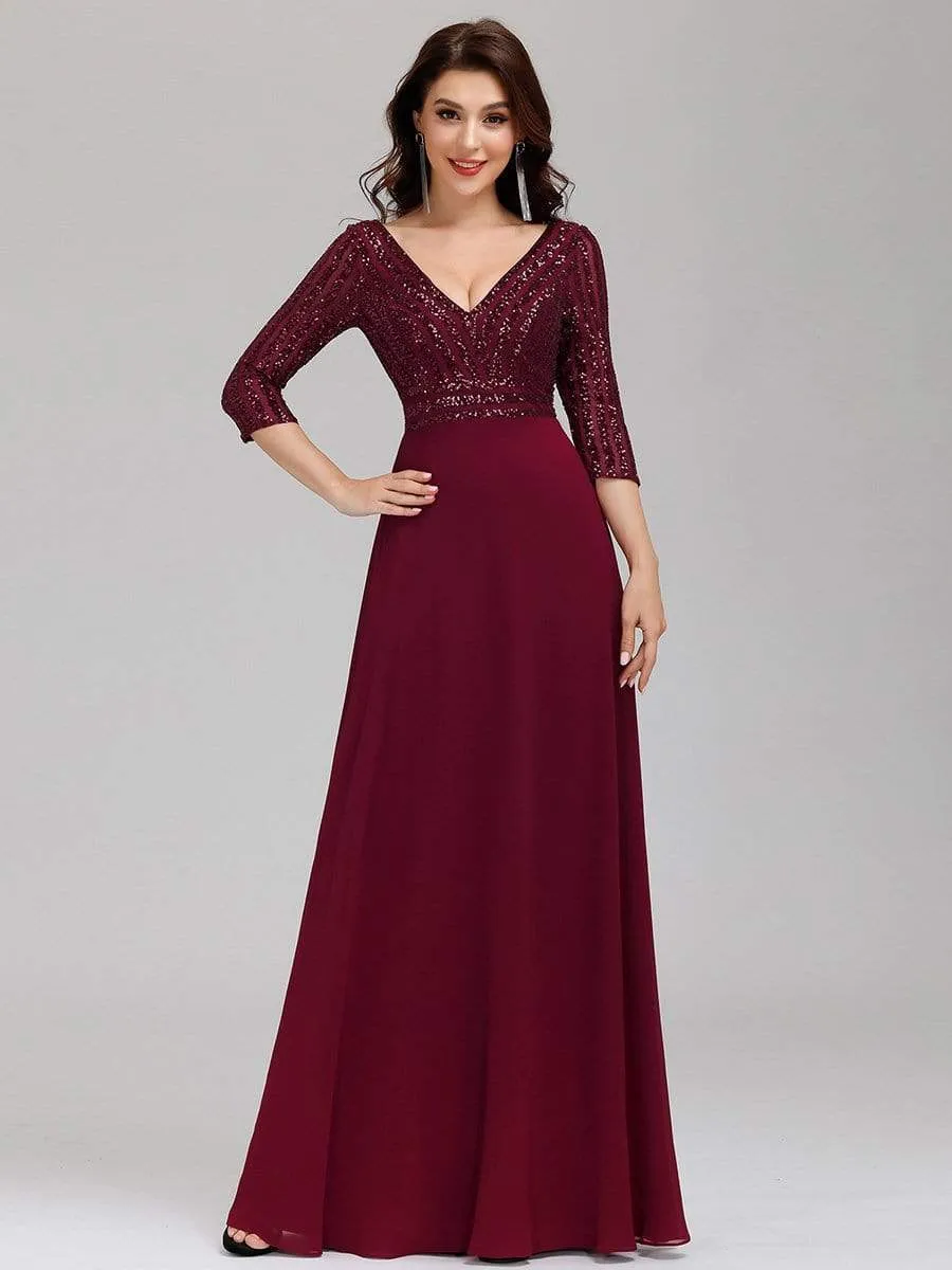 Sexy V Neck A-Line Sequin Evening Dresses with 3/4 Sleeve
