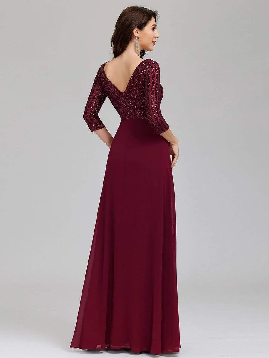Sexy V Neck A-Line Sequin Evening Dresses with 3/4 Sleeve