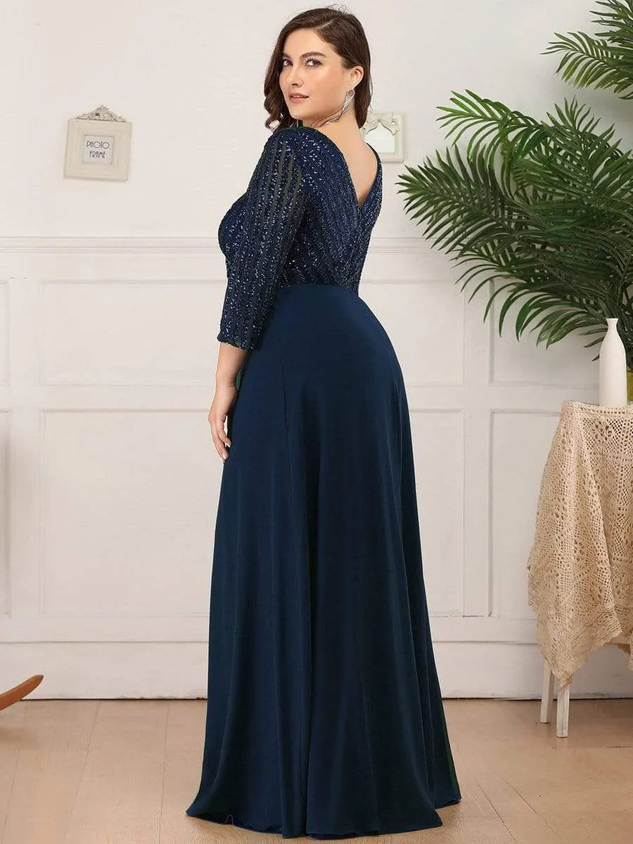Sexy V Neck A-Line Sequin Evening Dresses with 3/4 Sleeve