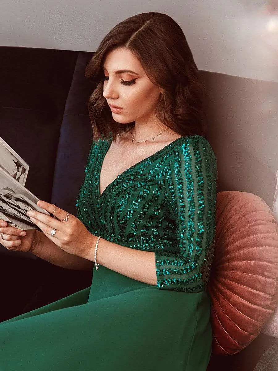 Sexy V Neck A-Line Sequin Evening Dresses with 3/4 Sleeve