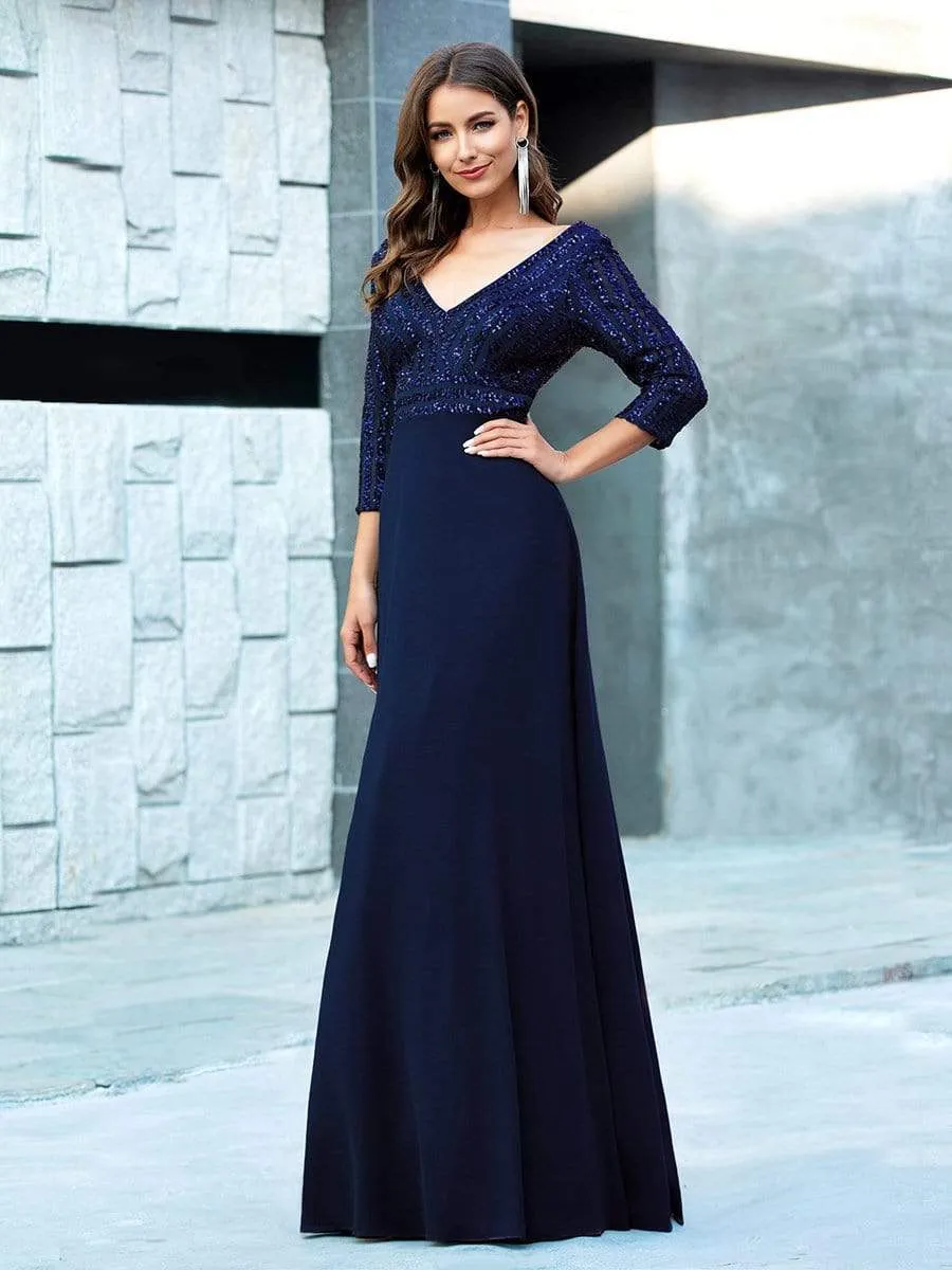 Sexy V Neck A-Line Sequin Evening Dresses with 3/4 Sleeve