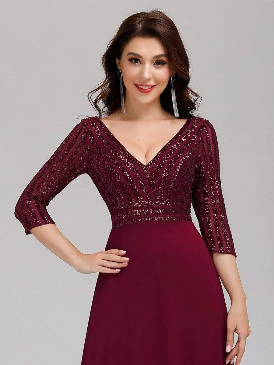 Sexy V Neck A-Line Sequin Evening Dresses with 3/4 Sleeve