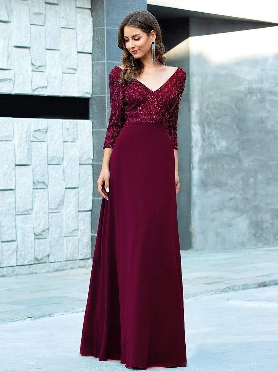 Sexy V Neck A-Line Sequin Evening Dresses with 3/4 Sleeve