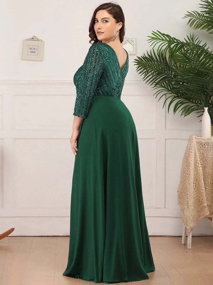 Sexy V Neck A-Line Sequin Evening Dresses with 3/4 Sleeve