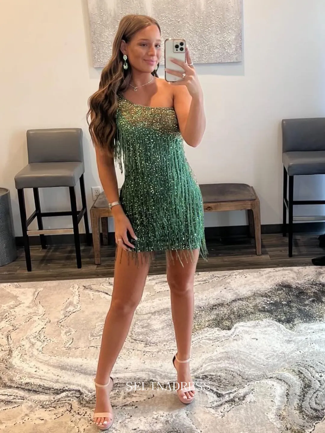 Sheath/Column One Shoulder Green Short Prom Dress Sparkly Beaded Homecoming Dresses Cocktail Dresses #TKL091