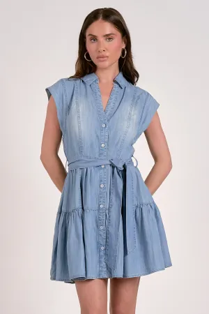 Sleeveless Collared Denim Dress, Blue