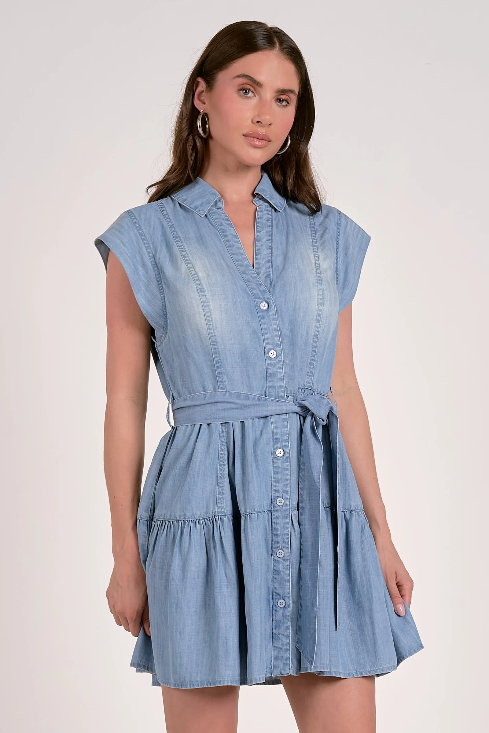Sleeveless Collared Denim Dress, Blue