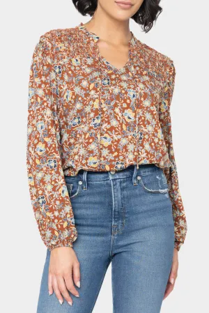 Smocked Yoke Tie Neck Blouson Sleeve Blouse