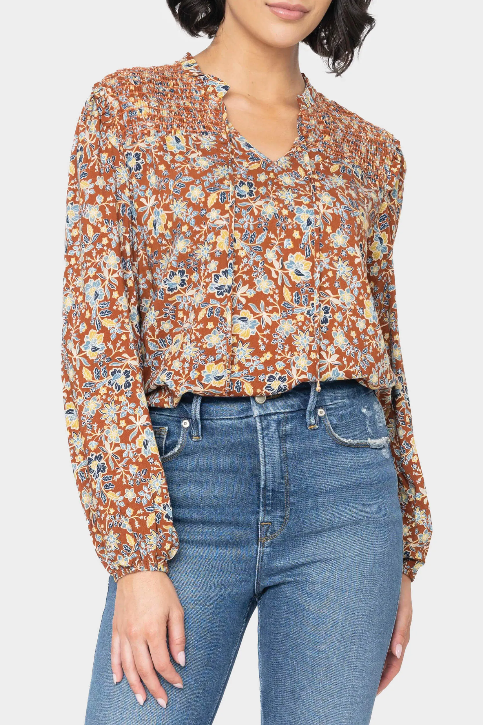 Smocked Yoke Tie Neck Blouson Sleeve Blouse