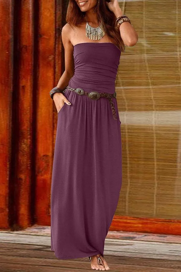 Solid Color Bandeau Romantic Maxi Dress